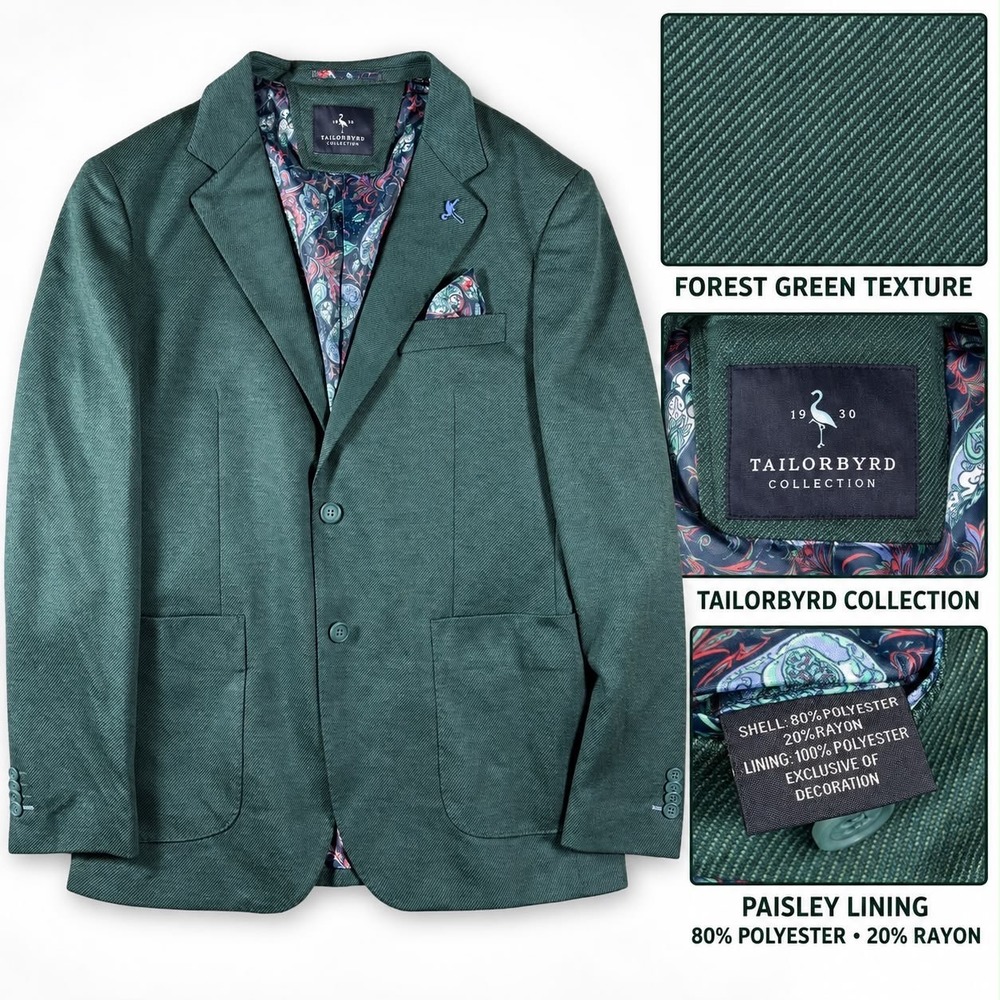 TailorByrd Sport Coat Mens XL Green Textured Twill Paisley Lining Blazer